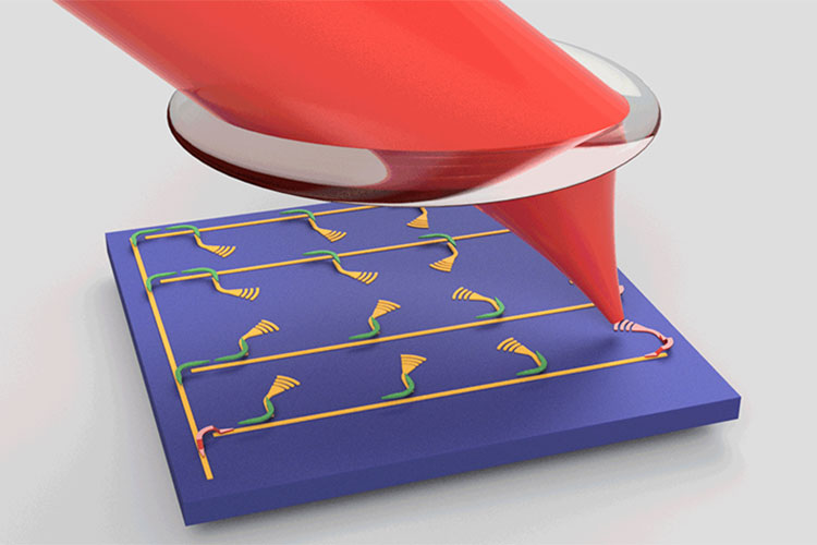 A graphic shows a light ray switching the positions of tiny switches on an electrical chip