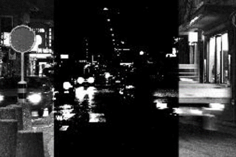 black and white nighttime images of an urban street