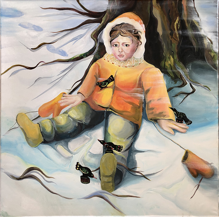 Childhood portrait of Sofia Liashcheva sitting in the snow in front of a tree in Siberia.