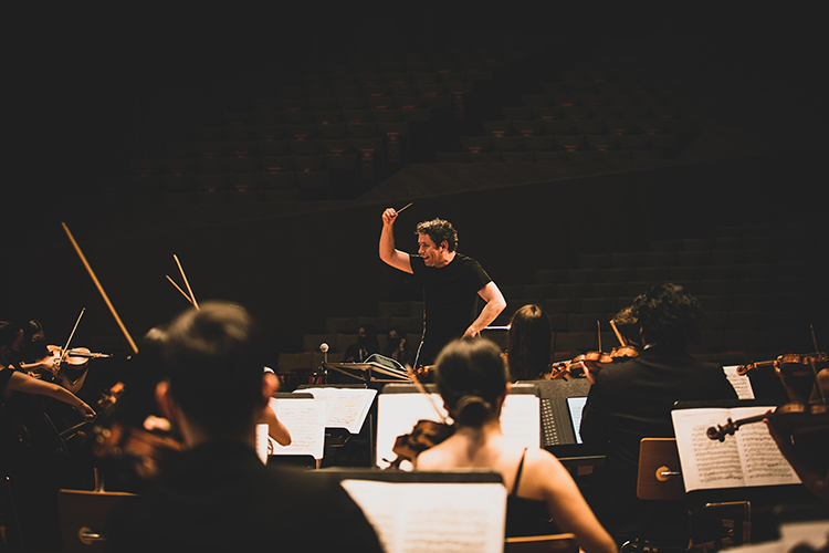 a person conducts an orchestra