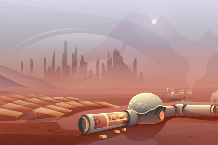 an artist's drawing of a future Martian colony, with red dust around solar arrays and a habitat