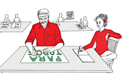illustration of a dad and daughter making signs together