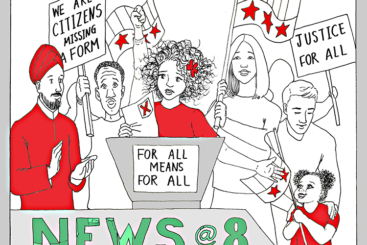 illustration of a person standing at a podium that says "For all means for all" with people behind her