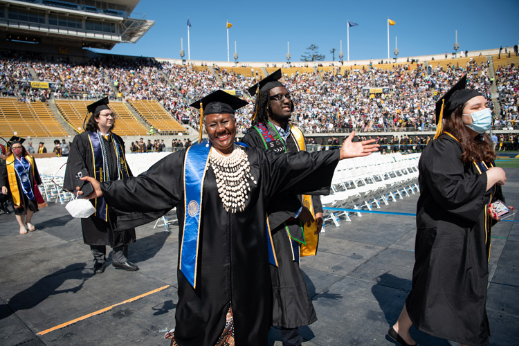 a student celebrates during commencement