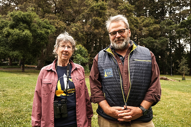 Mary Malec and Allen Fish pose for a photo at the Hatch Day Event. They are raptor experts who answered questions from the public.