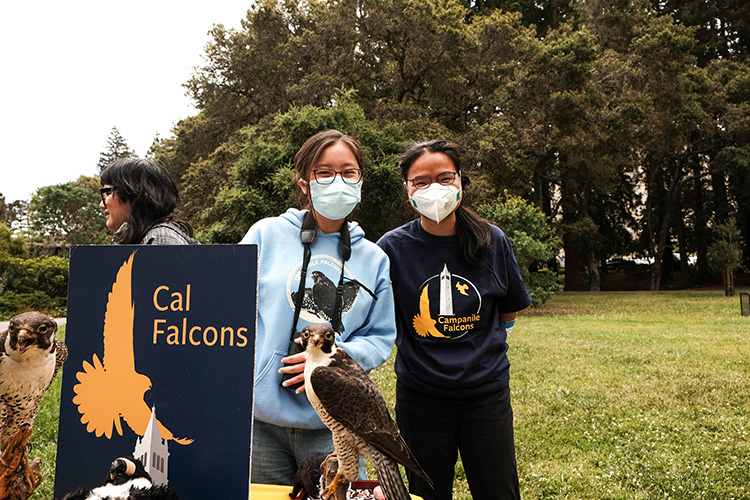 Two student volunteers wearing Cal Falcons gear stand at a table to greet visitors to Hatch Day, which they hosted.