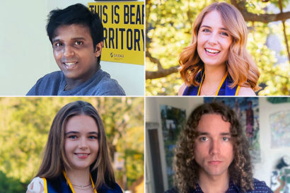 four informal portraits, clockwise from top left: Hari Srinivasan; Claire Rider; Claire Beckstaff; and Jonah Lounds