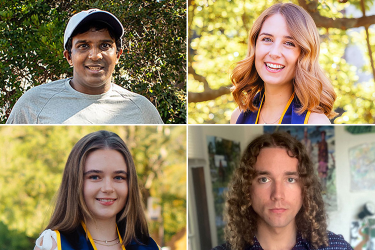 four informal portraits, clockwise from top left: Hari Srinivasan; Claire Rider; Claire Beckstaff; and Jonah Lounds