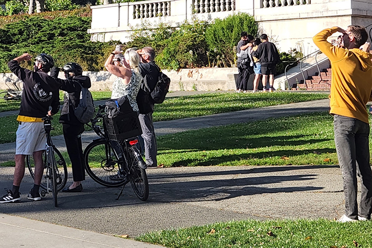 People watch the skies on campus with binoculars looking for signs of the young falcons learning to fly.