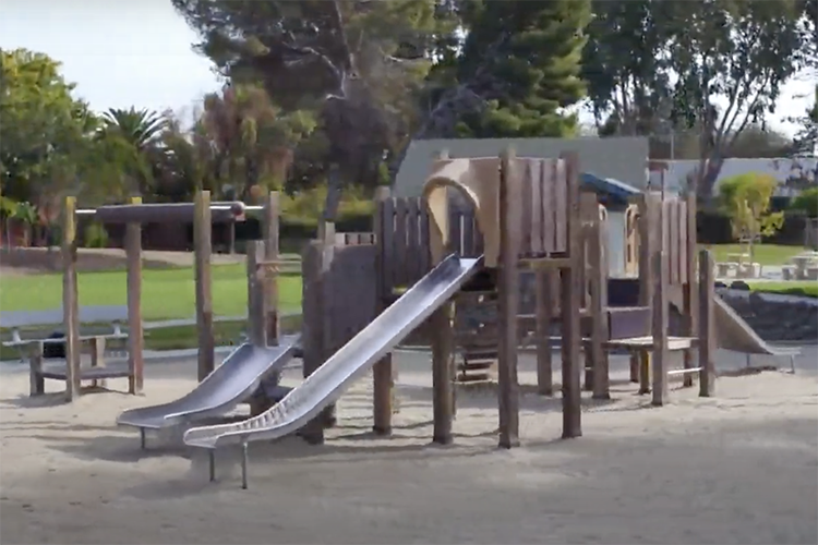 a computer rendering of an outside playground with slides and swinigs