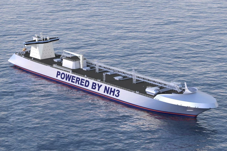 ship labeled 'powered by ammonia'