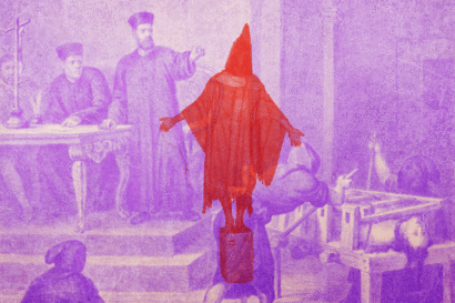 a red silhouette of the hooded figure famously tortured by U.S. military officials at Iraq's Abu Ghraib prison nearly 20 years ago is superimposed on a monochromatic purple etching of a torture chamber during the Spanish Inquisition 400 years ago.l