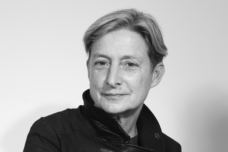 semi-formal portrait of Judith Butler, in black and white against a neutral background
