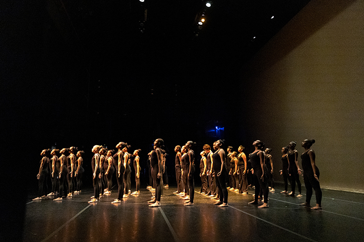 many dancers stand on a dark stage with lights
