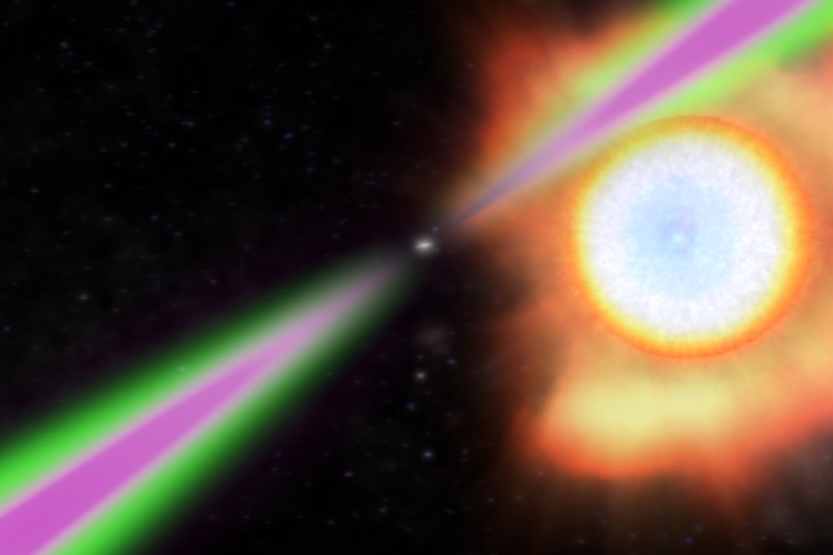 a pulsar shoots out green and magenta beams that encounter orange companion star