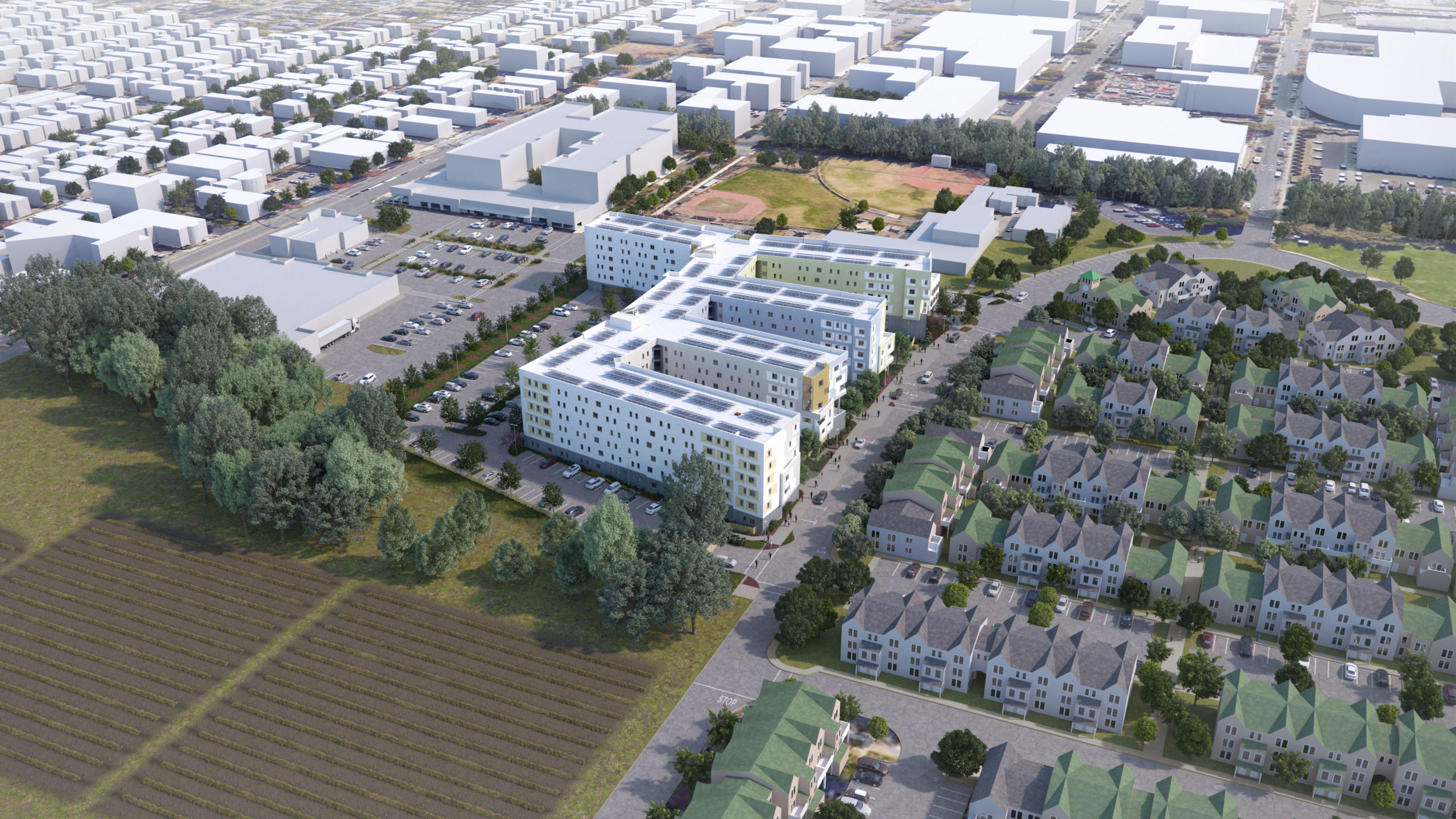 a rendering of the new apartment building from an aerial view showing a tall apartment building surrounded by buildings and open space