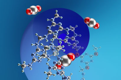 red and white carbon dioxide molecules interact with melamine structure against a blue background