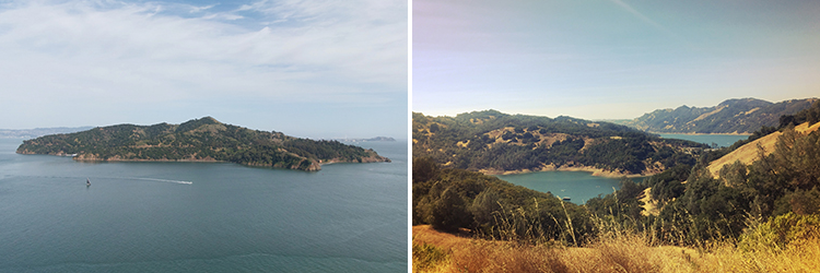 two photos side by side of angel island