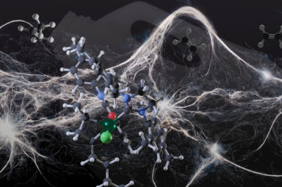with a milk bottle as background, a graphic showing how web-like polymer is degraded