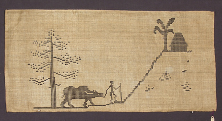 Stitched art of person walking with a carabao.