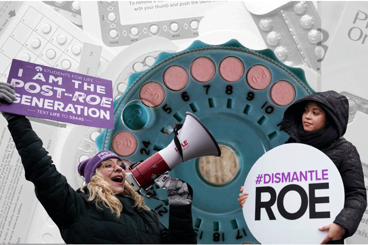 Graphic collage featuring photos of two young women holding protest signs opposing abortion, set against a round birth-control pill dispenser.