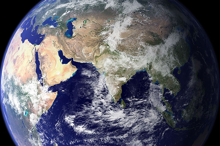 a satellite view of Earth, centered on South Asia, but extending west to the Arab region, North Africa and Southern Europe and east to China, Siberia and Southeast Asia