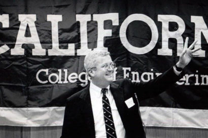David Hodges stands in front of a sign saying "california"