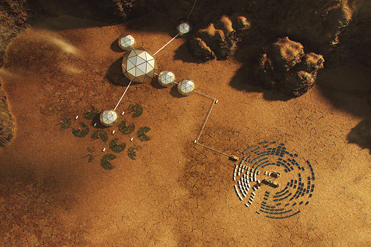 A illustration shows an aerial view of a collection of futuristic buildings in a orange, desert landscape