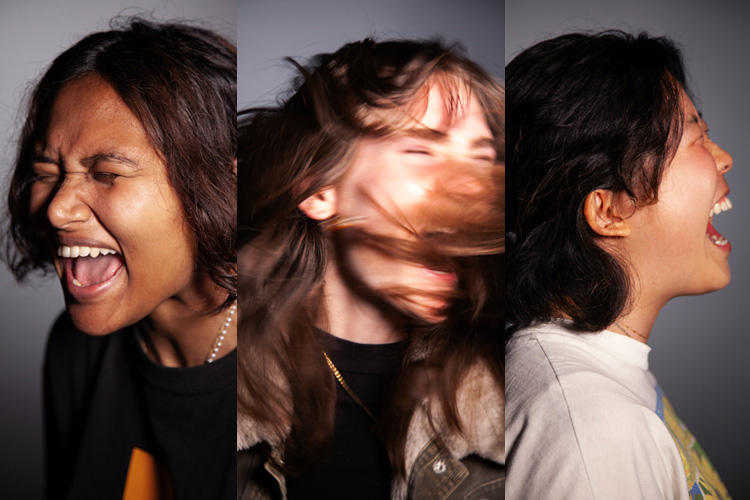 a tryptic of photos of three women screaming