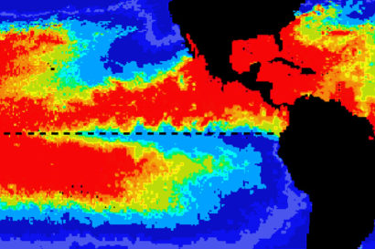 red and blue temperature map of eastern Pacific