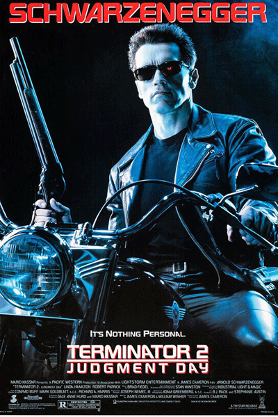 Movie poster of Arnold Schwarzenegger in Terminator 2, on a motorcycle, carrying a shotgun.