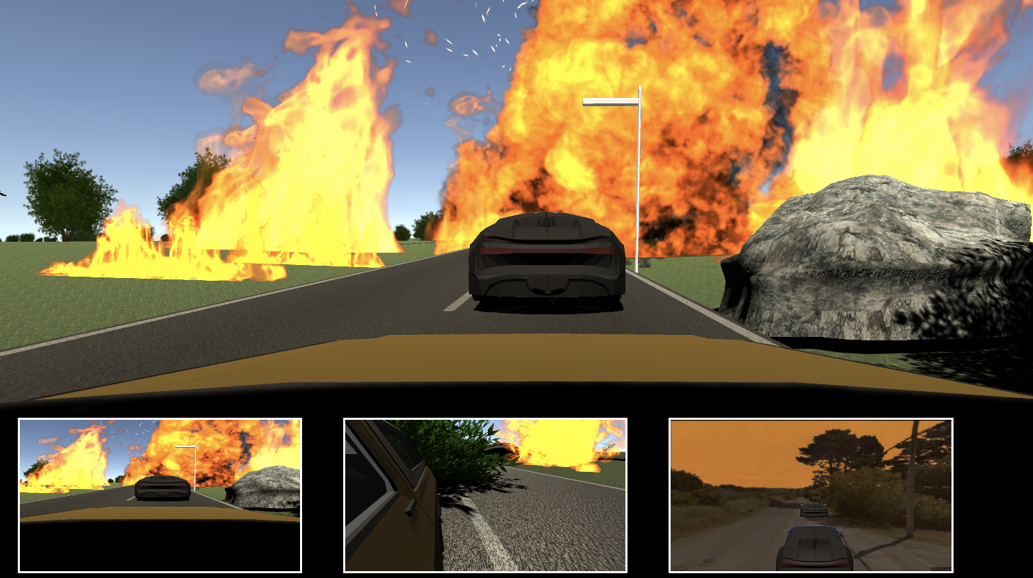 a screengrab of a game showing a car and flames on either side of a road