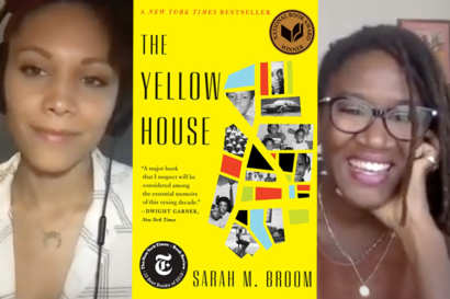 book cover of "the yellow house" and photos of two people smiling on either side