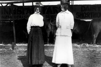 Cal Falcons PhotoShopped the heads of falcons Lou (right) and Annie (left) onto an old black-and-white photo of their namesakes, naturalists Louise Kellogg and Annie Alexander.