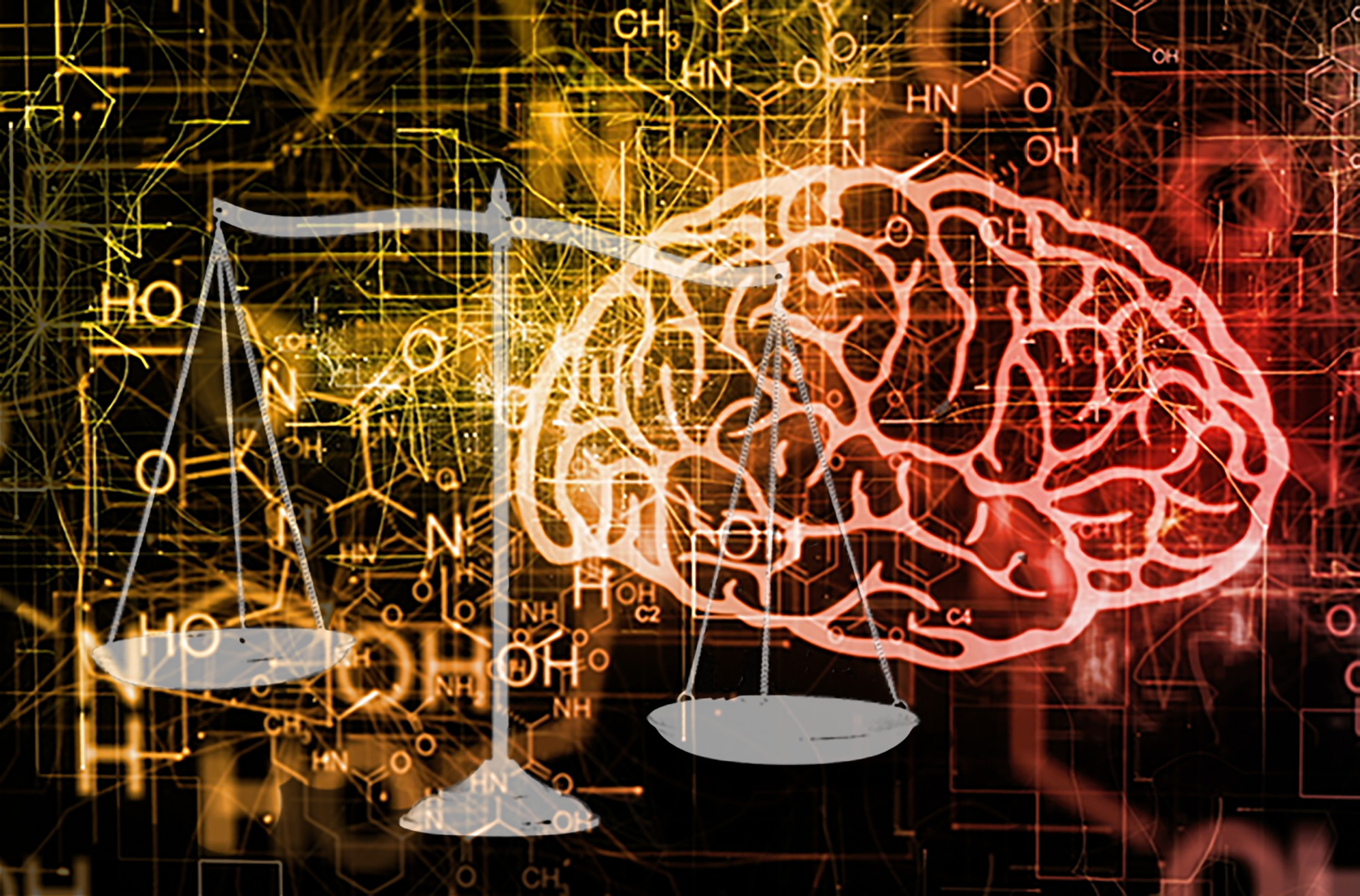 an illustration of brains and a justice scale in black, yellow and pink