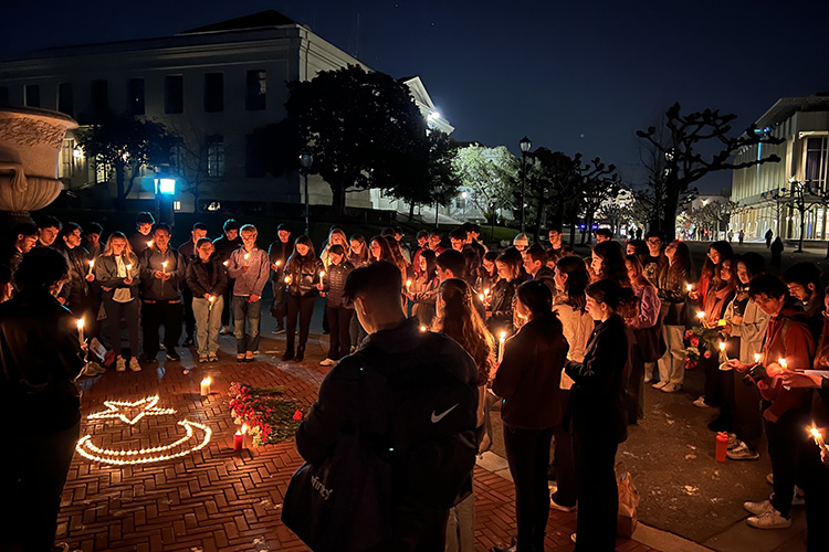 Students gather on Feb. 12 for a candlelight vigil at Sather Gate to honor the quake victims in Turkey and Syria.