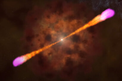 orange ball with purple jets emerging