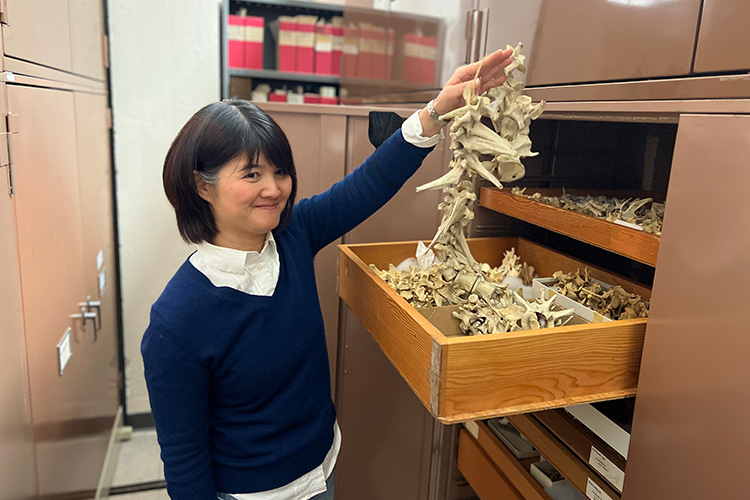 a person in a blue sweater holds a collection of bones