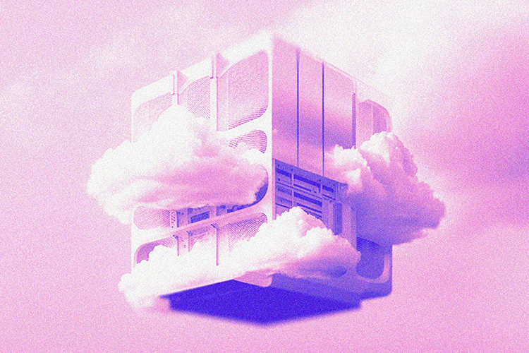 An illustration of a computer floating in the sky with clouds emerging