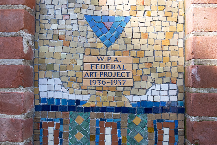 Tiles on the Old Art Gallery Building spell out WPA, for Works Progress Administration, a federal agency during the Great Depression that gave skilled and unskilled workers jobs creating public works.