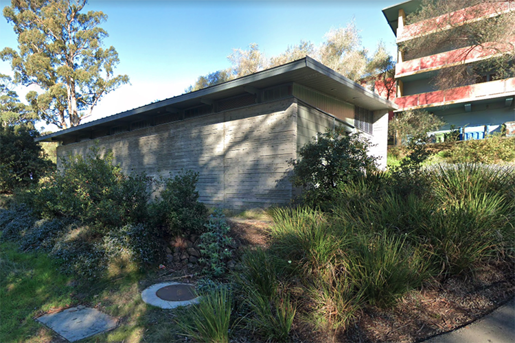 A photo of Switch Station #6 on Gayley Road, an unassuming one-story building where some of the campus's electrical equipment provides power for lighting and other uses.