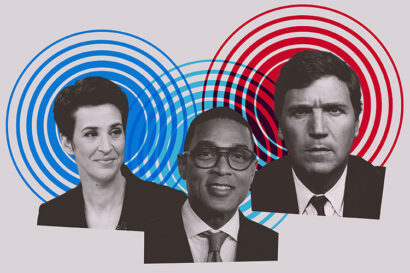headshots in black and white of MSNBC's Rachel Maddow (left), CNN's Don Lemon, and Tucker Carlson of Fox News, surrounded by concentric circles in deep blue, light blue and red, to represent partisan media bubbles