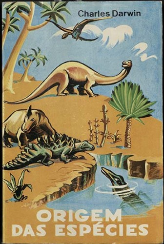 cartoonish cover of Portuguese edition of Darwin's book, On the Origin of Species