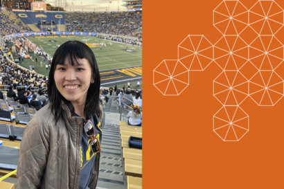 The left half of the image shows a student smiling while standing in the bleachers at Memorial Stadium. The other half of the image is an orange tesselated pattern