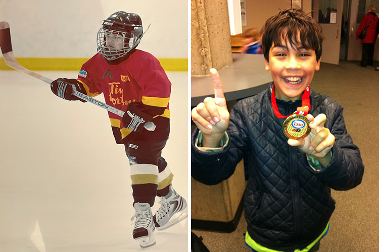 two photos: one of a kid playing ice hockey and one of a kid holding a medal and smiling