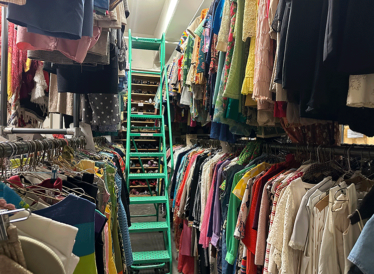 A photo shows multiple racks of clothing, stacked one on top of another, inside a large storage room. A large turquoise step ladder is placed in one of the aisles between clothing racks.