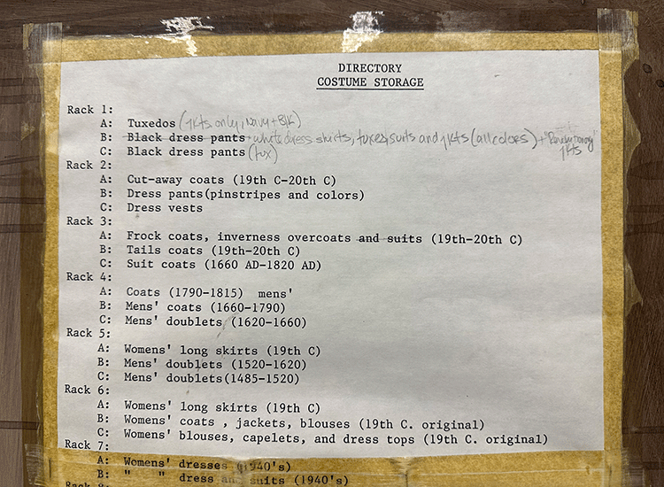 A photo shows a piece of paper that is attached to the wall with old, yellowing tape. On the paper, in type-written font, is a list of what types of clothing items can be found on each clothing rack. The clothing items are categorized by gender and era, i.e. one category reads “Mens’ coats (1660-1790)”.