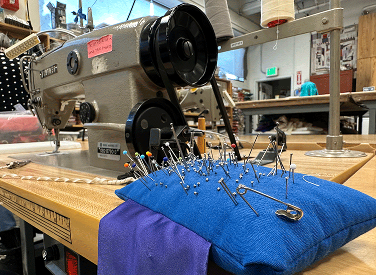 A photo shows a sturdy sewing machine and a large blue pin cushion that is filled with pins.