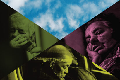a green, yellow and purple composite image of three people sleeping