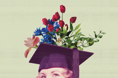 A graphic of a woman wearing a mortarboard with flowers growing out of the top of it helps illustrate a story about UC Berkeley graduation ceremonies becoming more eco-friendly.